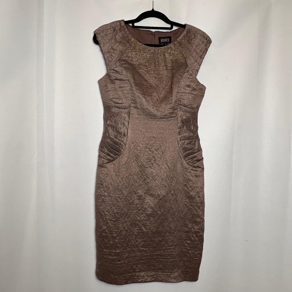Adrianna Papell Taupe Textured Cap-Sleeve Sheath Dress